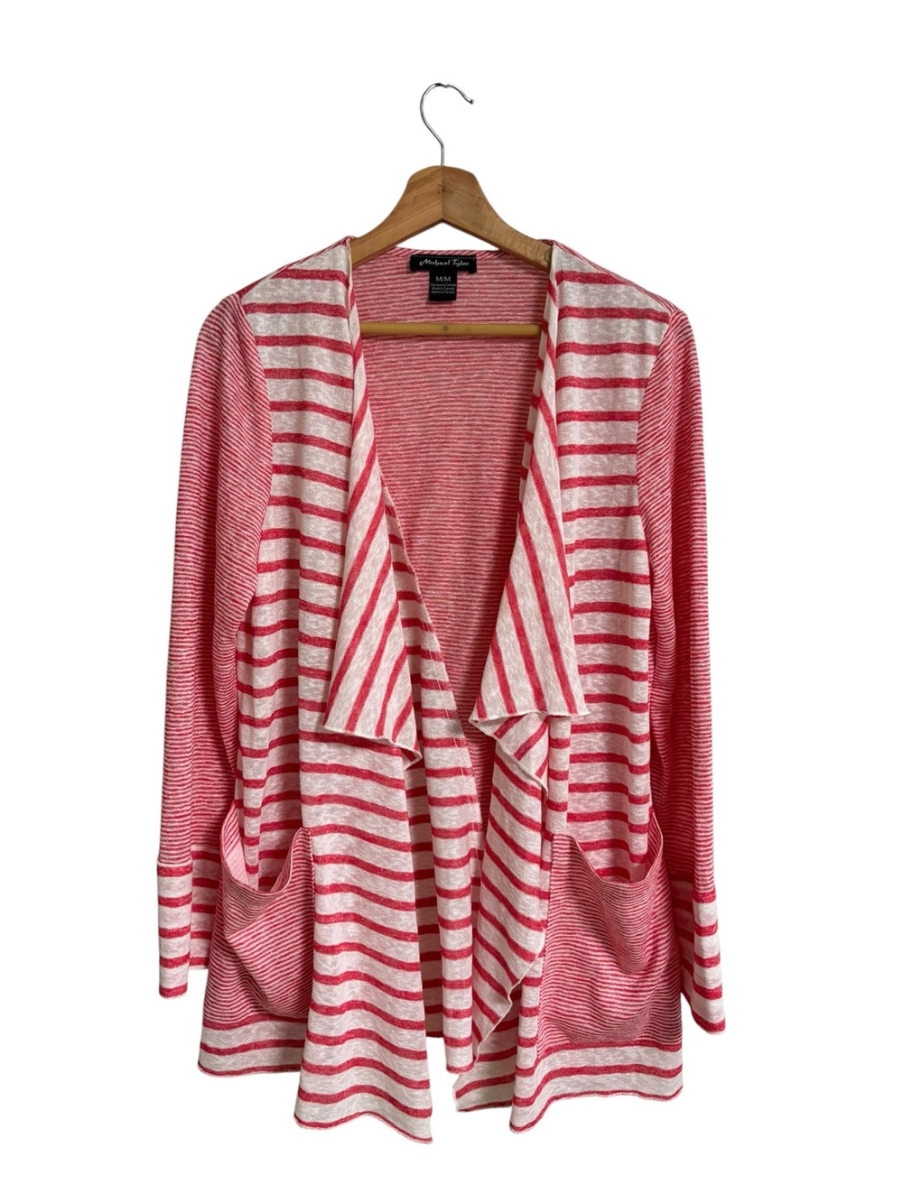 Michael Tyler pink white stripe lagenlook  open front waterfall drape cardigan M